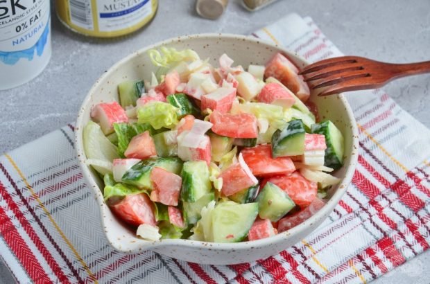 Vegetable salad with crab sticks without mayonnaise