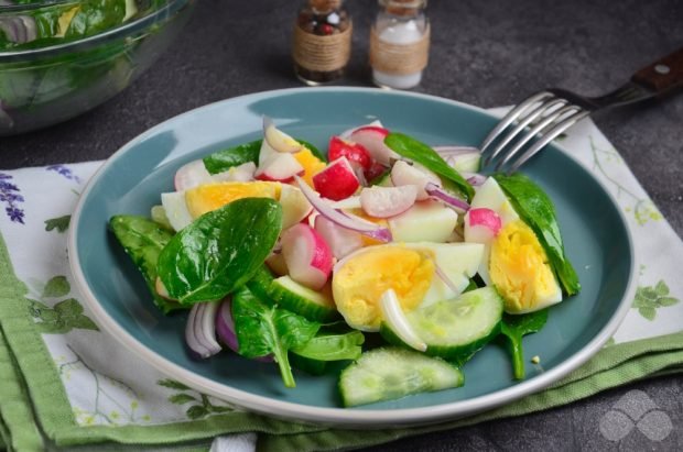 Salad with eggs, spinach and radish