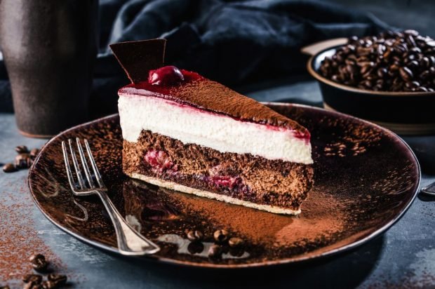 Chocolate cake with cherry and vanilla souffle