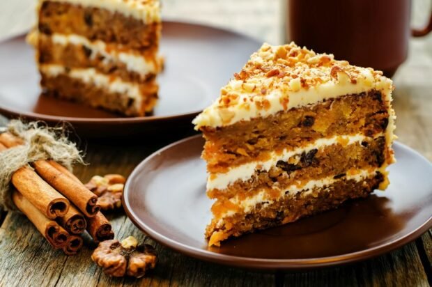 Carrot cake with butter cream and nuts