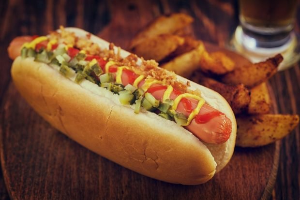 Hot dog with pickles and crispy onions 