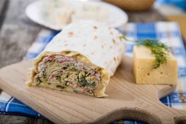 Lavash roll with crab sticks, egg and cheese is a simple and delicious recipe, how to cook step by step