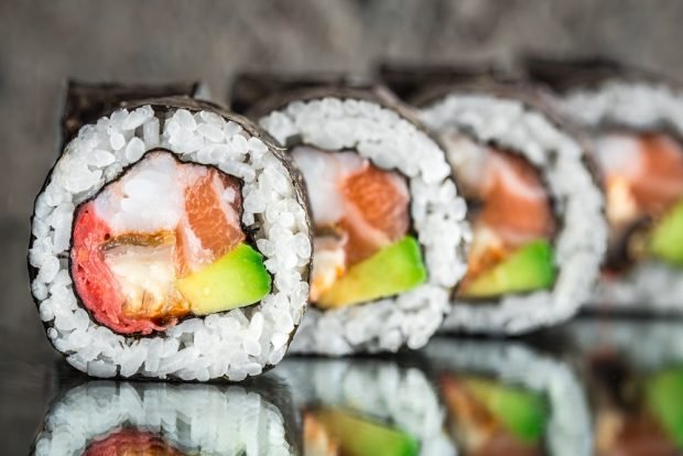 Rolls with salmon, shrimp and crab sticks