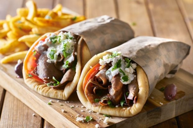 Greek shawarma with lamb, feta and olives