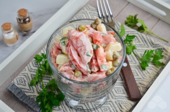 Potato salad with tomatoes and sausage: photo of recipe preparation, step 5