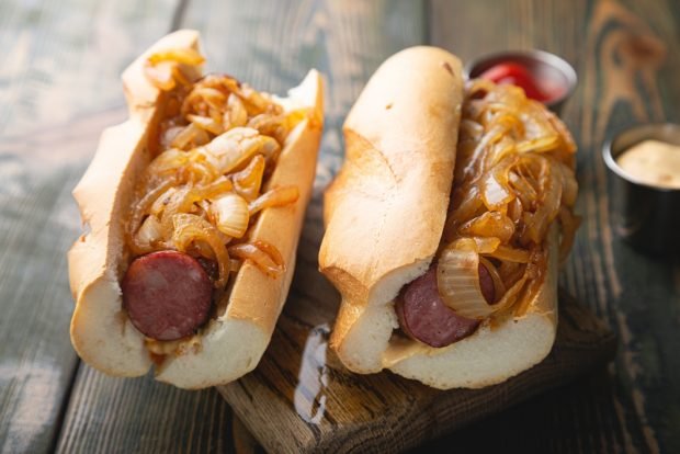 Hot dog with hunting sausage and sweet onion 