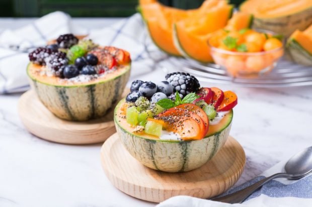 Fruit salad with yogurt in melon 