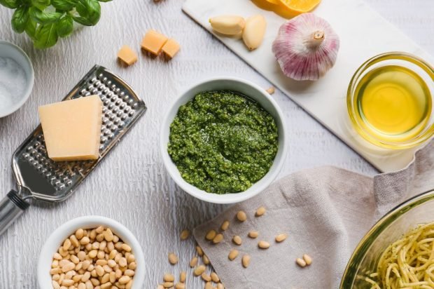 Pesto sauce with basil, pine nuts, garlic and vinegar