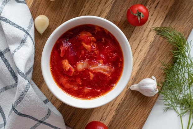 Ukrainian borscht with cherry and Peking cabbage