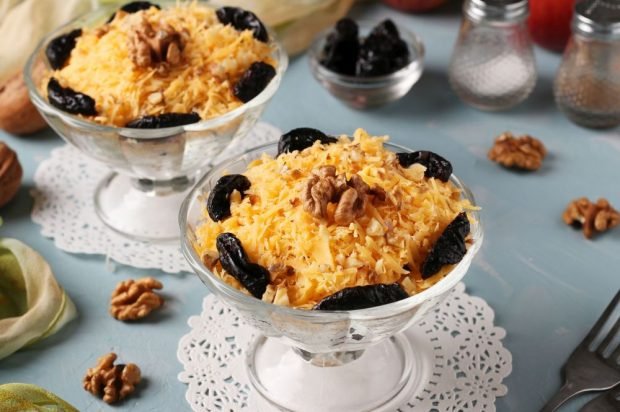 Salad of cheese, pickled mushrooms and prunes