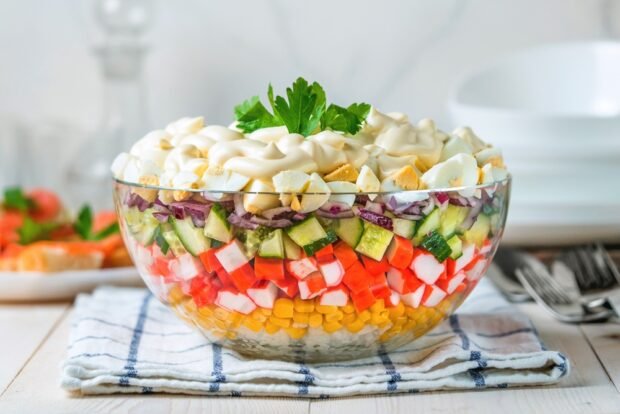 Puff crab salad with rice and corn