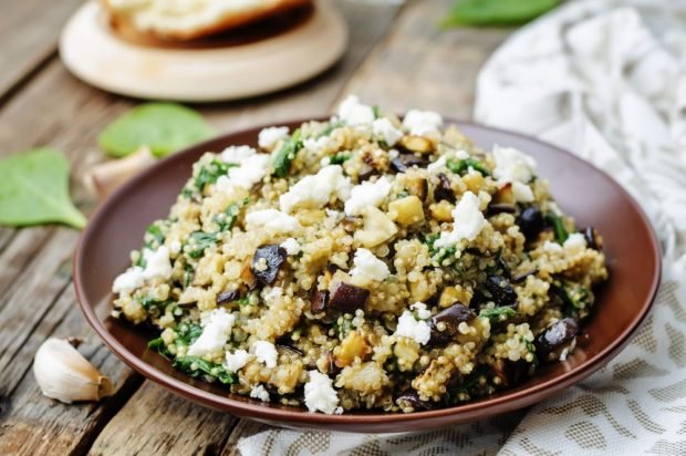 Quinoa salad, fried eggplant and feta