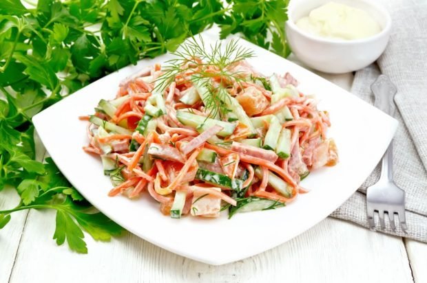 Ham salad, Korean carrots, cucumbers and tomatoes