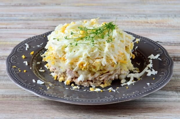 Puff salad with squid, tuna, eggs and cheese – a simple and delicious recipe, how to cook step by step