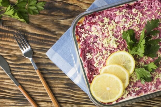 Herring under a fur coat of baked beetroot