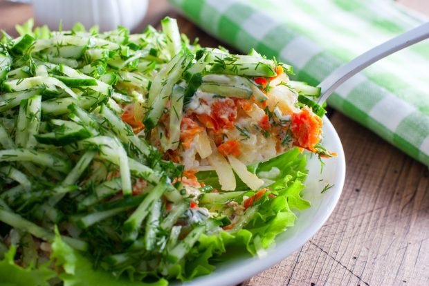 Puff salad with fish and vegetables – a simple and delicious recipe, how to cook step by step