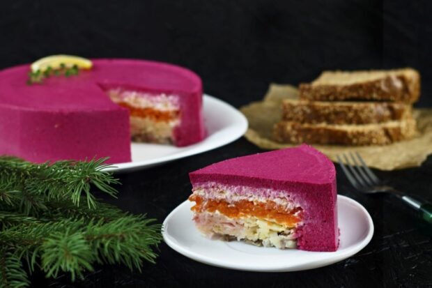 Herring under a fur coat made of beet mousse 