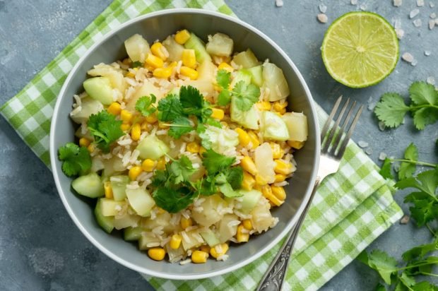 Salad with pineapple, cucumbers, rice and corn – a simple and delicious recipe, how to cook step by step