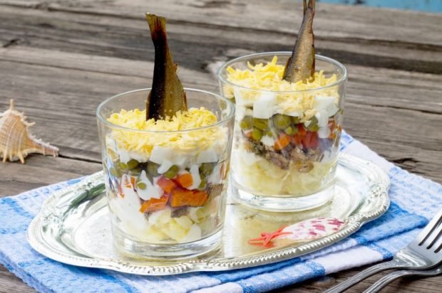 Puff salad with sprats, vegetables and eggs 