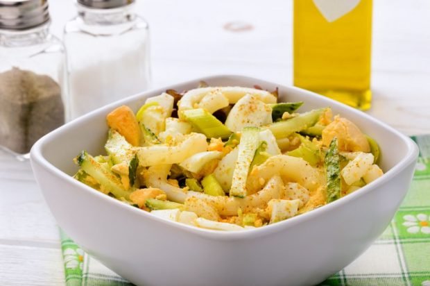 Salad with squid, cucumbers and eggs