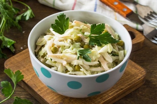 Salad of squid, cabbage, cucumbers and green peas – a simple and delicious recipe, how to cook step by step