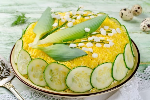 Mimosa salad with sprats and quail eggs 