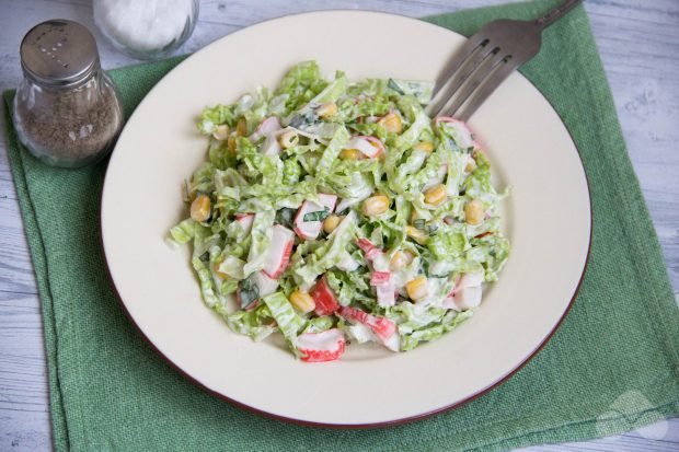 Salad of Peking cabbage, corn and crab sticks