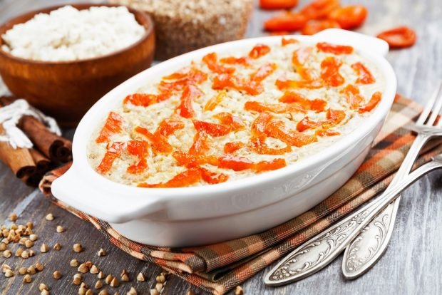 Cottage cheese casserole with dried apricots and buckwheat