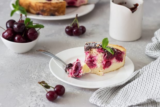 Cottage cheese casserole with coconut chips and cherries