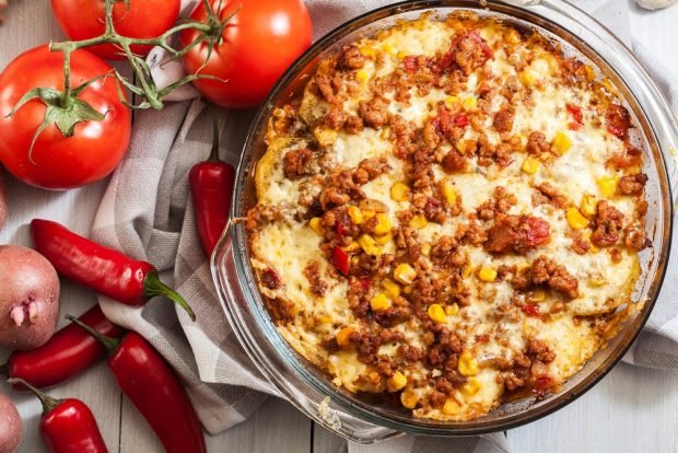 Potato casserole with minced meat and corn