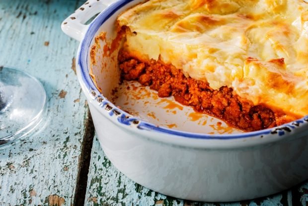 Potato casserole with minced meat and tomato paste 