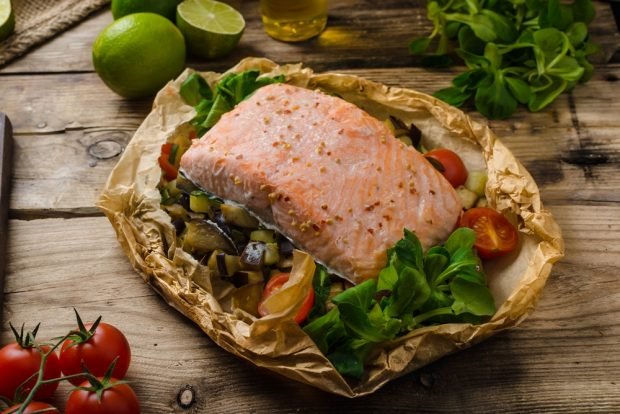 Baked salmon on a pillow of eggplant