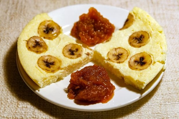 Cottage cheese casserole with banana in a frying pan