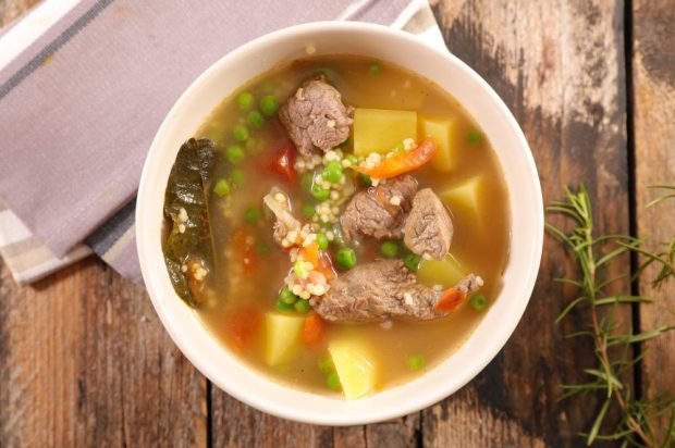 Soup with pork, millet and green peas – a simple and delicious recipe how to cook step by step