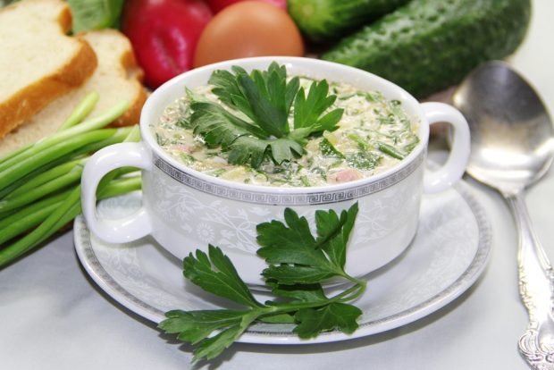 Okroshka on broth with mayonnaise 