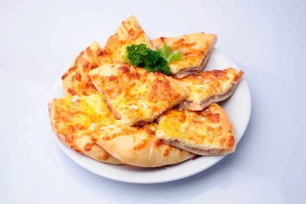 Khachapuri megruli on yogurt with meat and vegetables