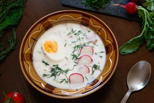 Okroshka with egg and smoked chicken