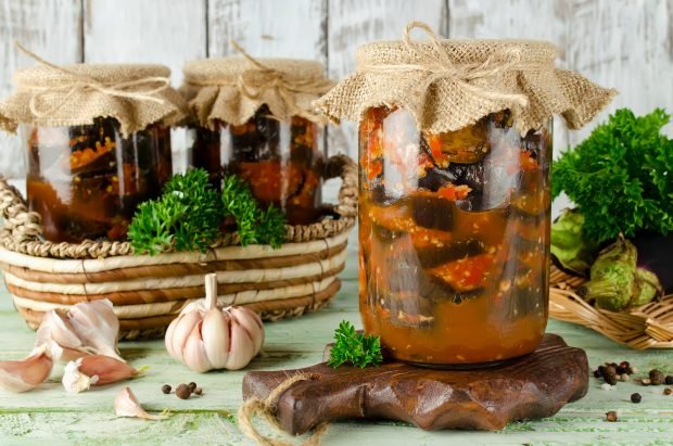 Eggplant in tomato for winter without sterilization