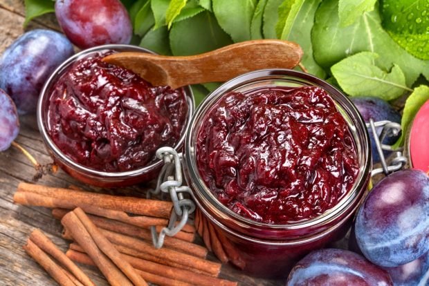 Roasted plum jam without seeds in a frying pan