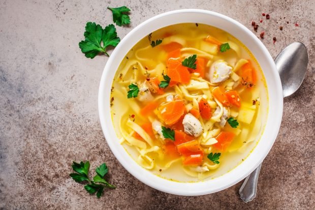 Chicken soup with noodles and carrots