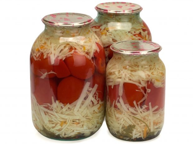 Pickled tomatoes with cabbage for winter in cans