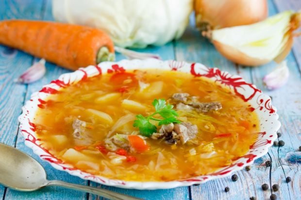 Cabbage soup with pork and fresh cabbage 