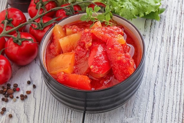 Pepper and tomato lecho without vinegar for winter