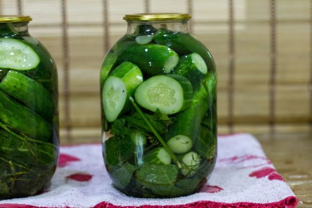 Crispy pickled cucumbers with apple cider vinegar for winter in jars