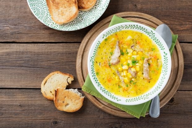 Corn puree soup with vegetables and meat 