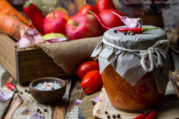 Adjika with prunes and tomatoes for winter 