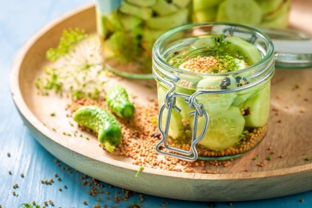 Cucumbers in Finnish with mustard seeds for the winter in jars