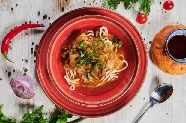 Lagman with pork, hot pepper and string beans 