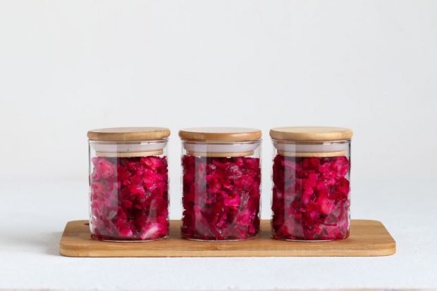 Beetroot salad with tomatoes in jars without sterilization